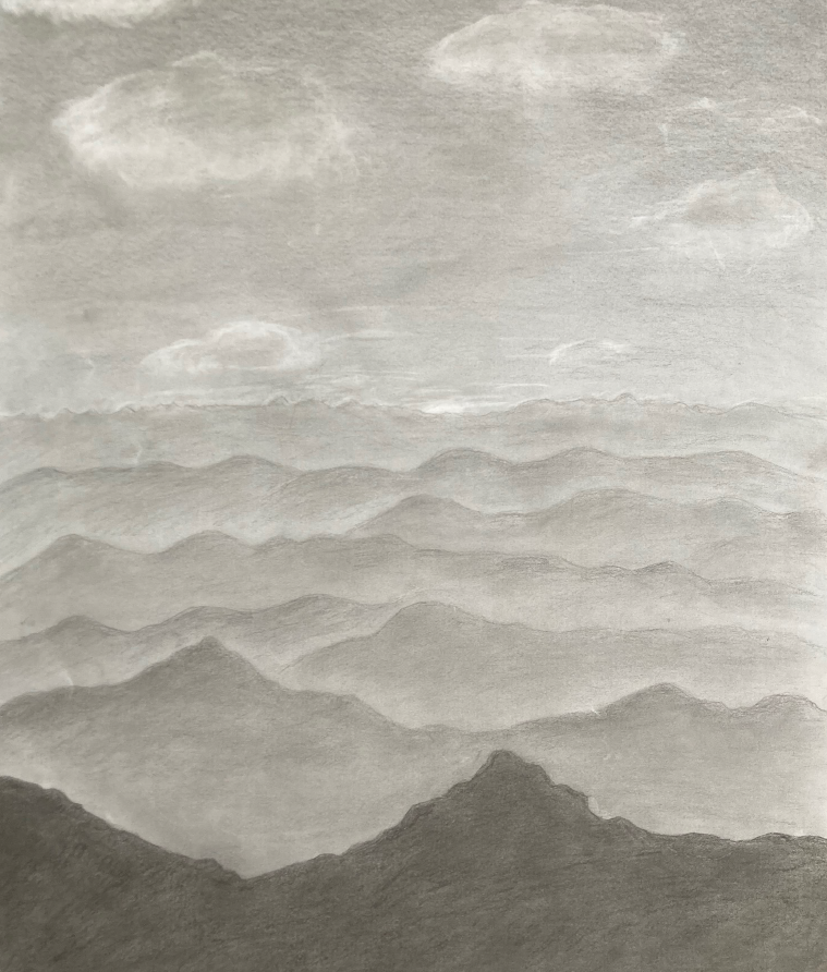A drawing of a foggy mountainous landscape