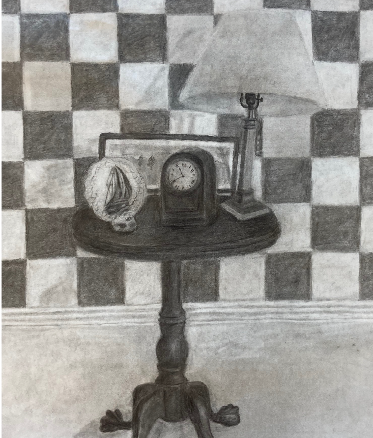 A still life drawing of a table in a living room, with an antique minature clock, a lamp, an old photograph, and minature sculpture.